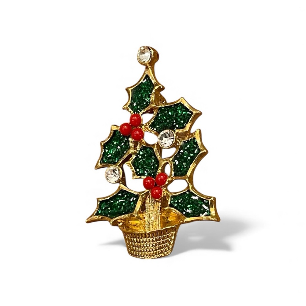 Vintage Avon Christmas Pin Brooch Holly Tree Basket Enamel Sparkly Rhinestones‎